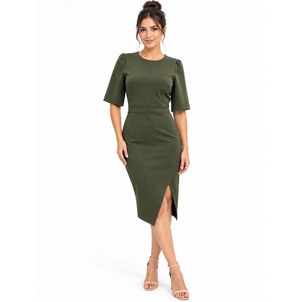 Banana Republic Olive Green Fitted Midi Sheath Dress with Side Slit Sz 0
